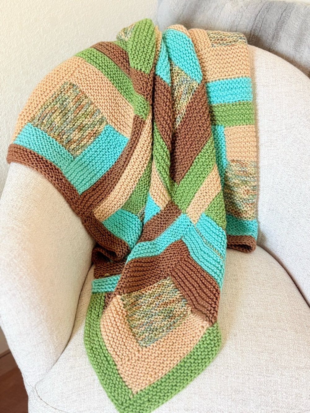 Hand Knit Patchwork Throw Blanket Boho Cottagecore Green Tan 39x37
